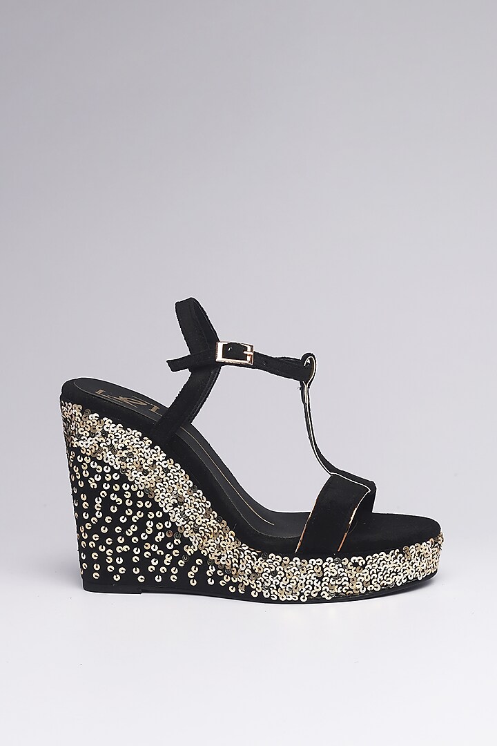 Black Velvet Embroidered Wedges by NIDHI BHANDARI at Pernia's Pop Up Shop