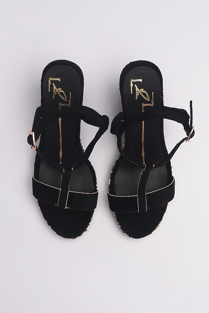 Black Velvet Embroidered Wedges by NIDHI BHANDARI at Pernia's Pop Up Shop