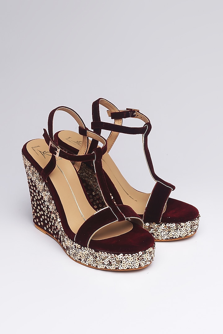 Maroon Velvet Embroidered Wedges by NIDHI BHANDARI at Pernia's Pop Up Shop