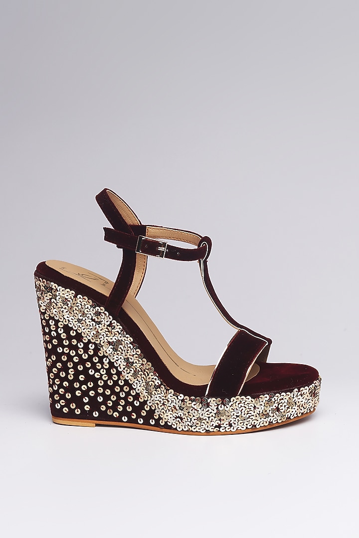 Maroon Velvet Embroidered Wedges by NIDHI BHANDARI at Pernia's Pop Up Shop