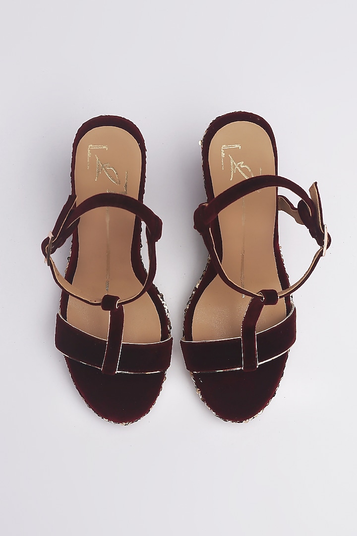 Maroon Velvet Embroidered Wedges by NIDHI BHANDARI at Pernia's Pop Up Shop