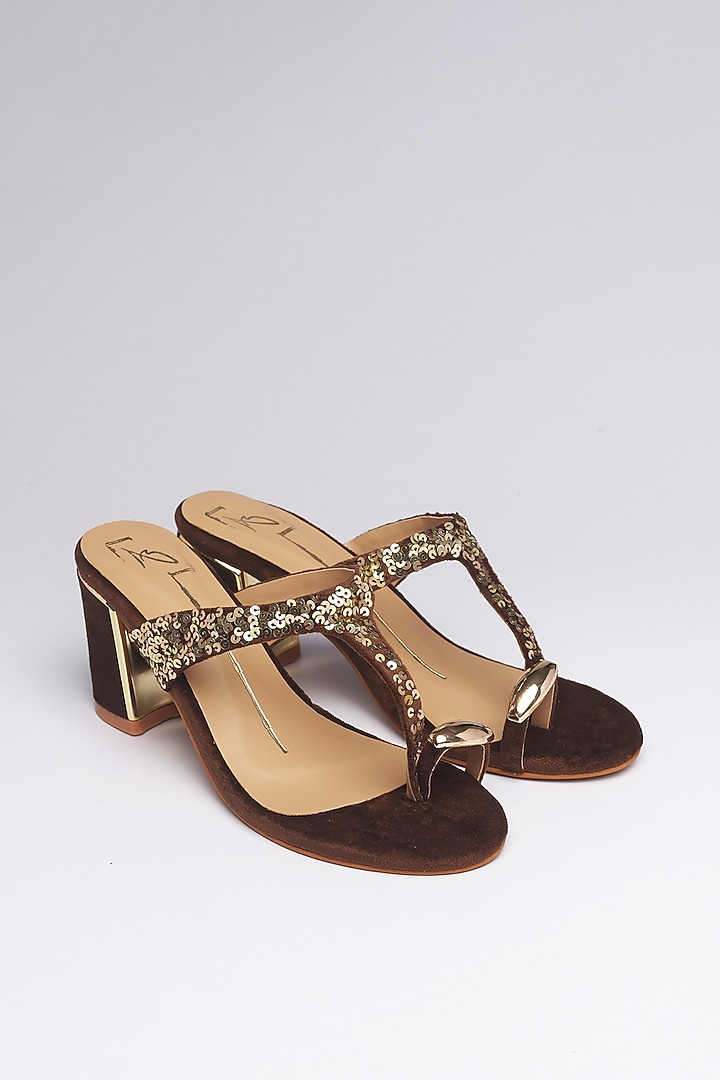 Brown Velvet Embroidered Heels by NIDHI BHANDARI at Pernia's Pop Up Shop