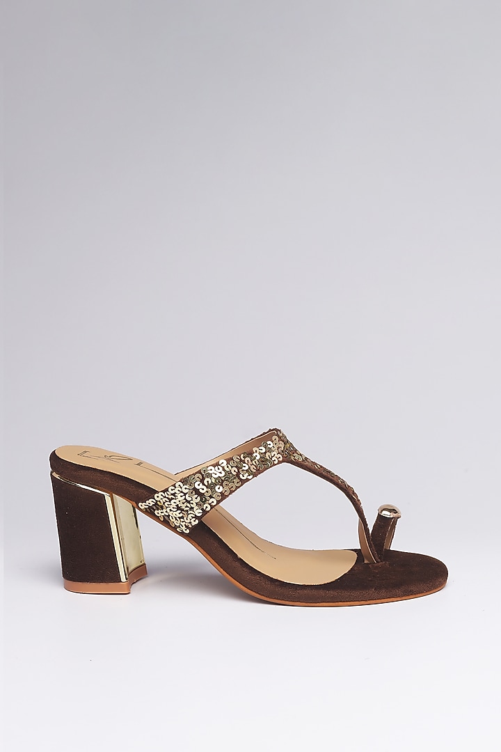 Brown Velvet Embroidered Heels by NIDHI BHANDARI at Pernia's Pop Up Shop