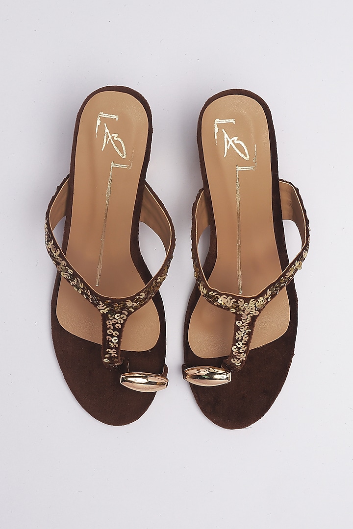 Brown Velvet Embroidered Heels by NIDHI BHANDARI at Pernia's Pop Up Shop