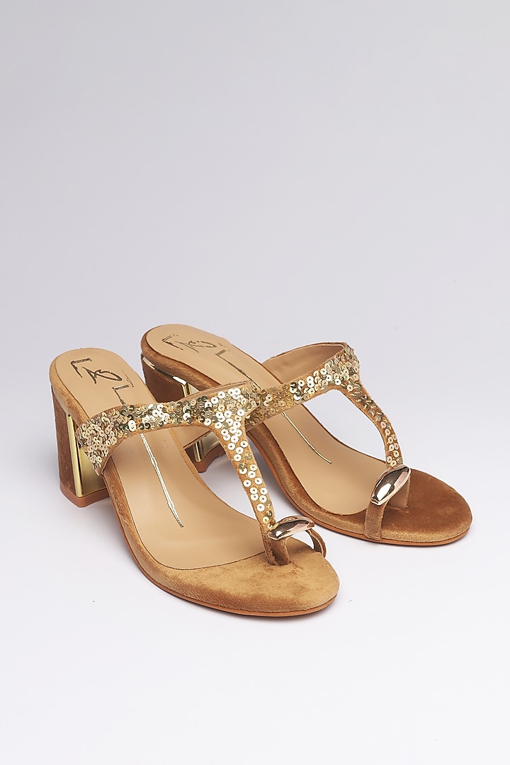 Gold Velvet Embroidered Heels by NIDHI BHANDARI at Pernia's Pop Up Shop