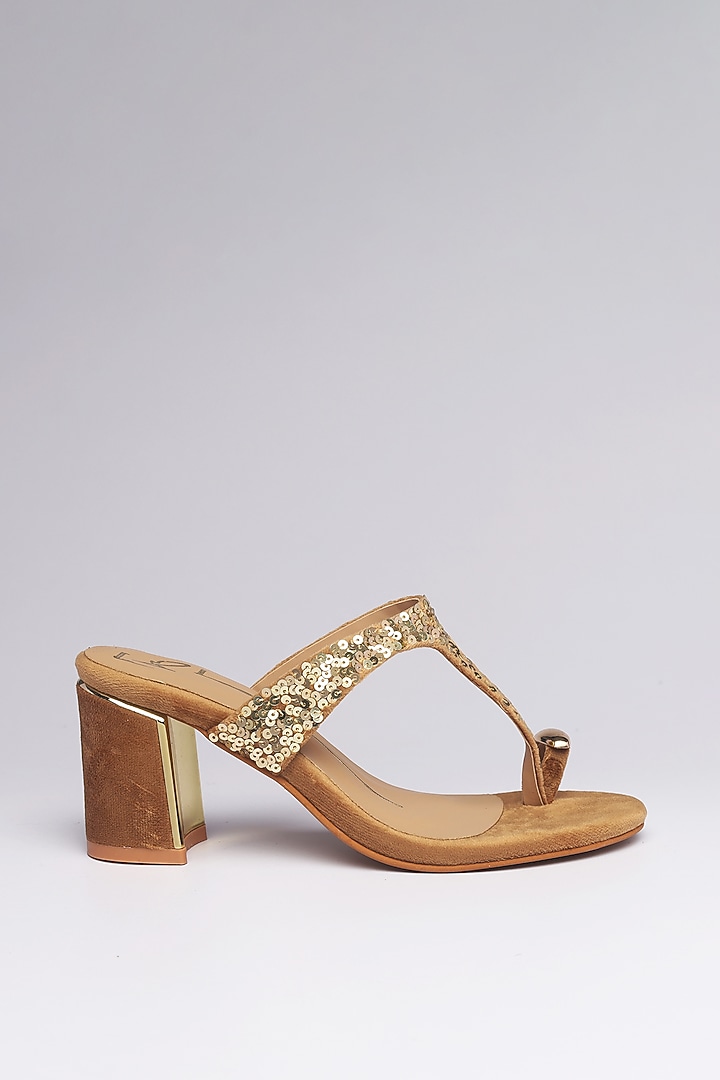 Gold Velvet Embroidered Heels by NIDHI BHANDARI at Pernia's Pop Up Shop