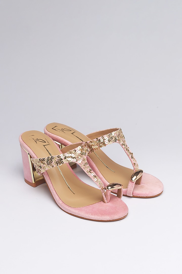 Pink Velvet Embroidered Heels by NIDHI BHANDARI at Pernia's Pop Up Shop