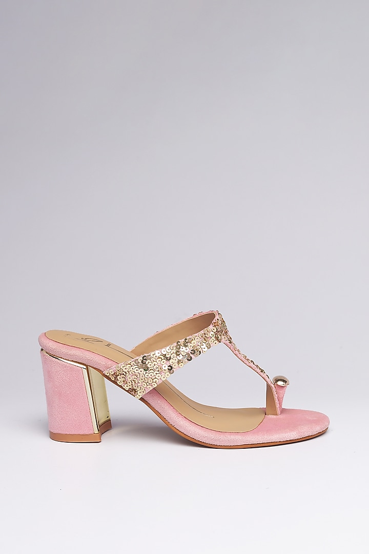 Pink Velvet Embroidered Heels by NIDHI BHANDARI at Pernia's Pop Up Shop
