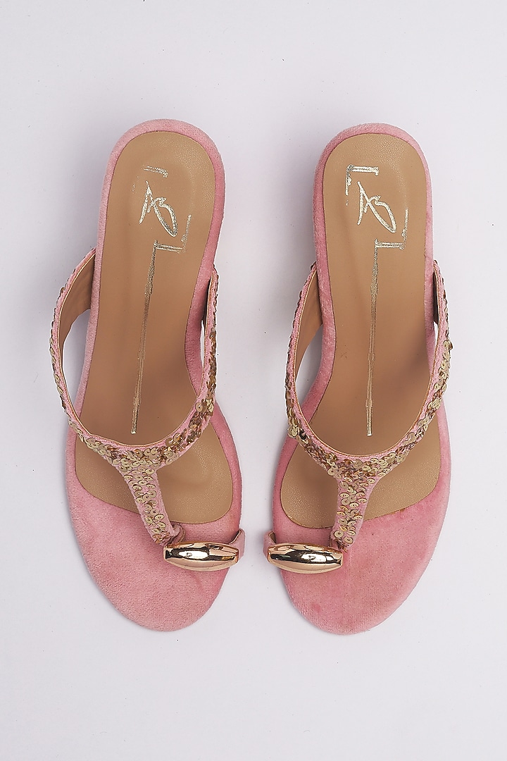 Pink Velvet Embroidered Heels by NIDHI BHANDARI at Pernia's Pop Up Shop