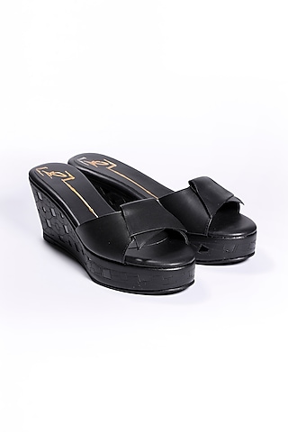 Black Faux Leather Platform Heels by NIDHI BHANDARI
