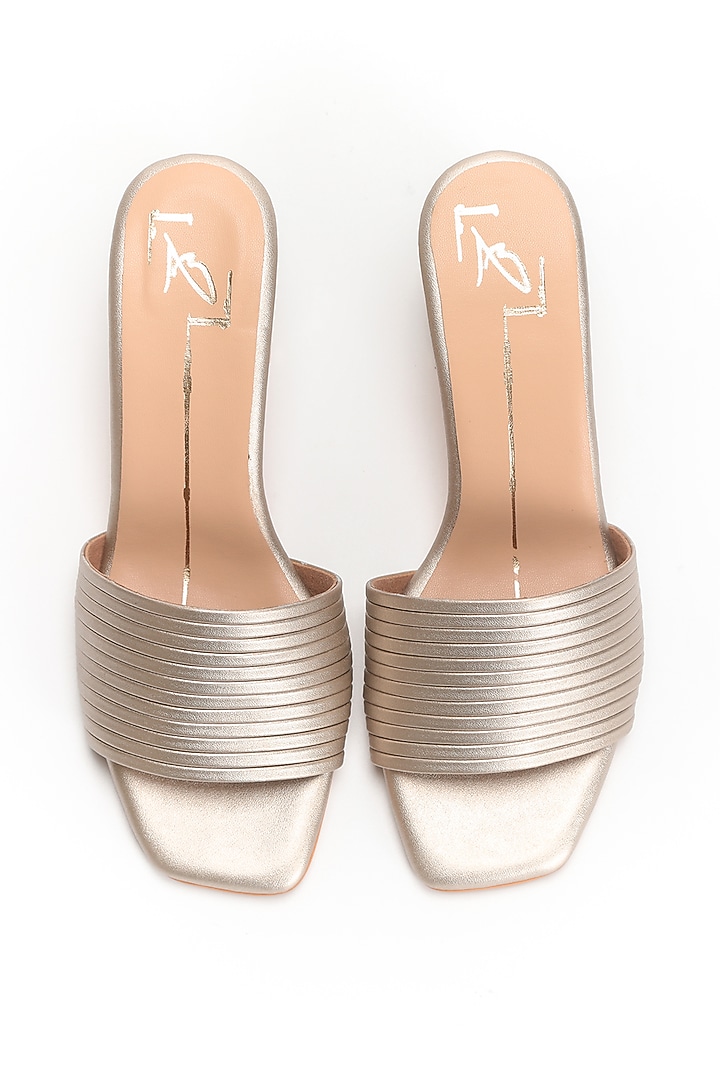 Golden Faux Leather Block Heels by NIDHI BHANDARI at Pernia's Pop Up Shop