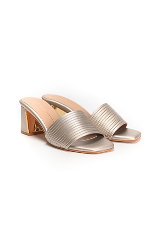 Golden Faux Leather Block Heels by NIDHI BHANDARI