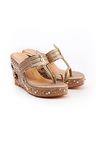 Gold Embroidered Bridal Wedges by NIDHI BHANDARI