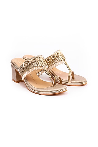Golden Embroidered Block Heels by NIDHI BHANDARI