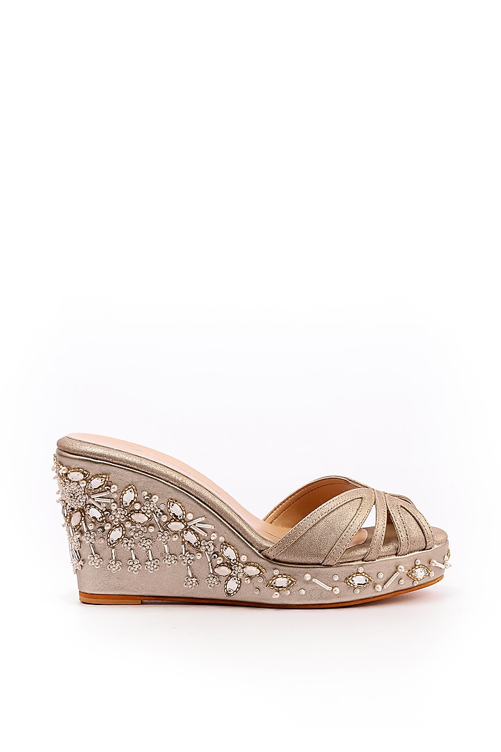 Gold Embroidered Bridal Wedges by NIDHI BHANDARI