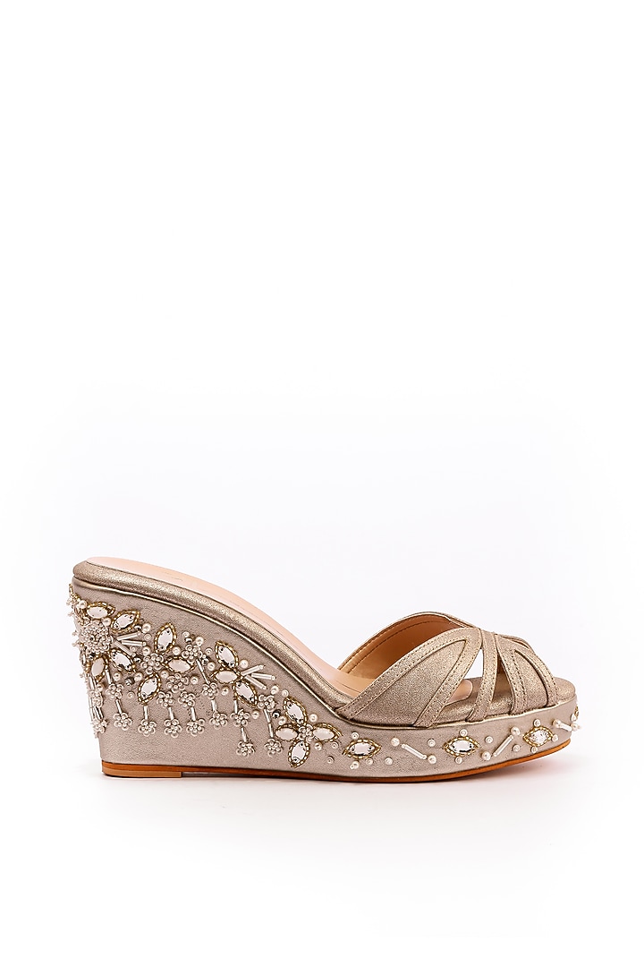 Gold Embroidered Bridal Wedges by NIDHI BHANDARI at Pernia's Pop Up Shop