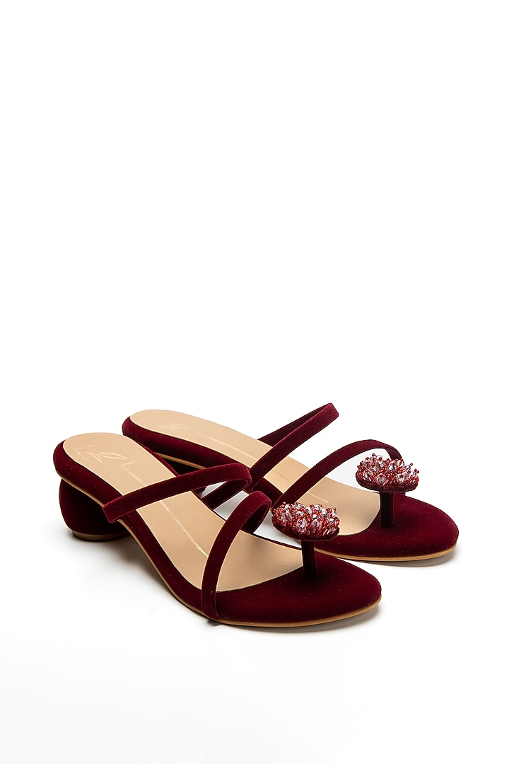 Maroon Faux Leather Block Heels by NIDHI BHANDARI at Pernia's Pop Up Shop