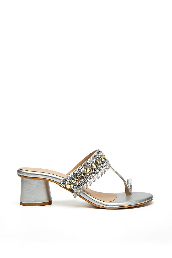 Silver Faux Leather Kolhapuri Heels by NIDHI BHANDARI at Pernia's Pop Up Shop