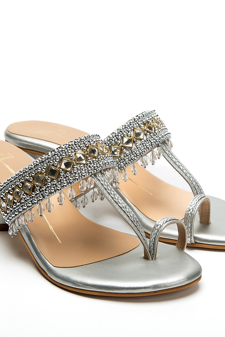 Silver Faux Leather Kolhapuri Heels by NIDHI BHANDARI at Pernia's Pop Up Shop