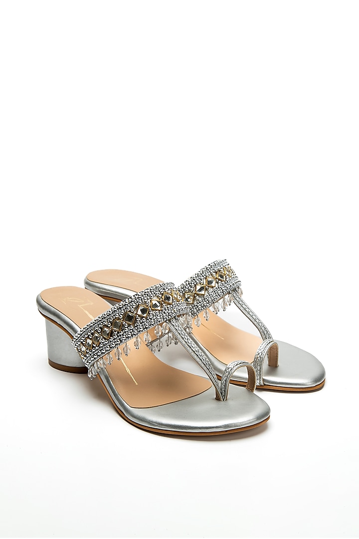 Silver Faux Leather Kolhapuri Heels by NIDHI BHANDARI at Pernia's Pop Up Shop