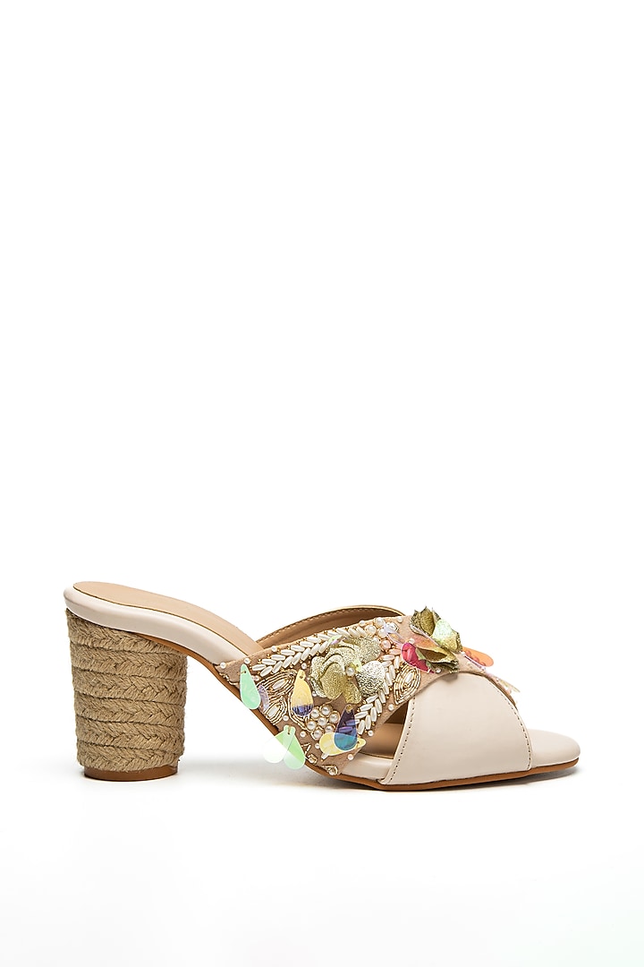 Beige Block Heels In Faux Leather by NIDHI BHANDARI at Pernia's Pop Up Shop
