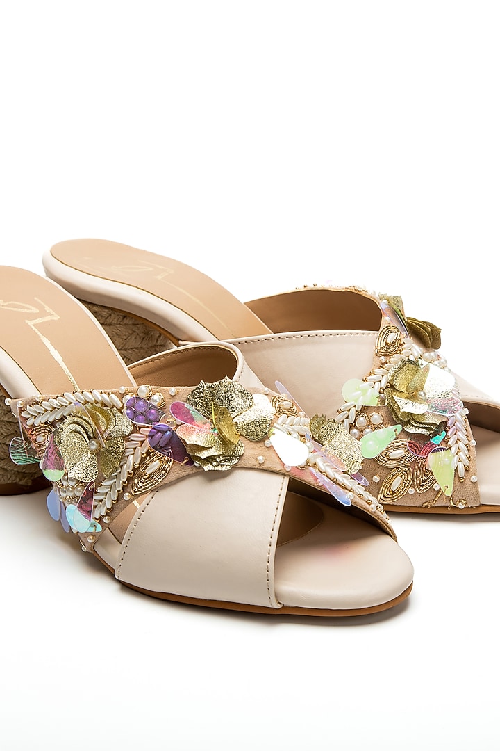 Beige Block Heels In Faux Leather by NIDHI BHANDARI at Pernia's Pop Up Shop