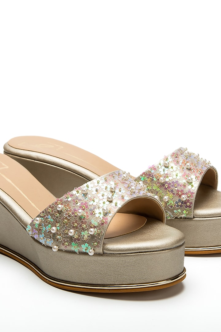 Gold Embroidered Wedges by NIDHI BHANDARI at Pernia's Pop Up Shop