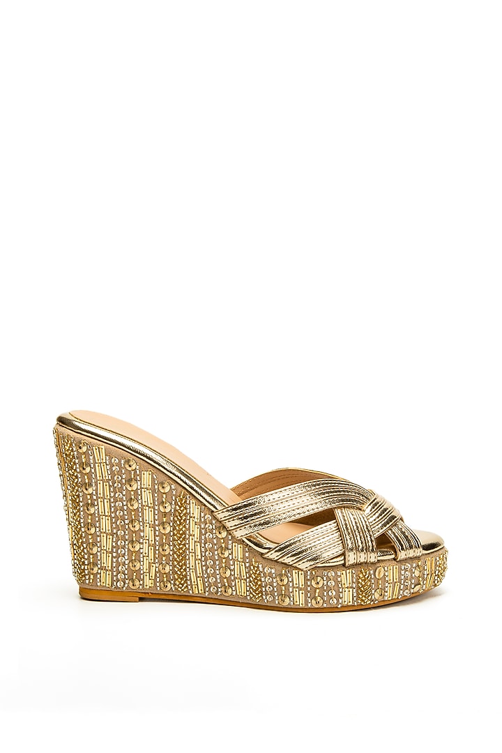 Metallic Gold Embroidered Wedges by NIDHI BHANDARI at Pernia's Pop Up Shop