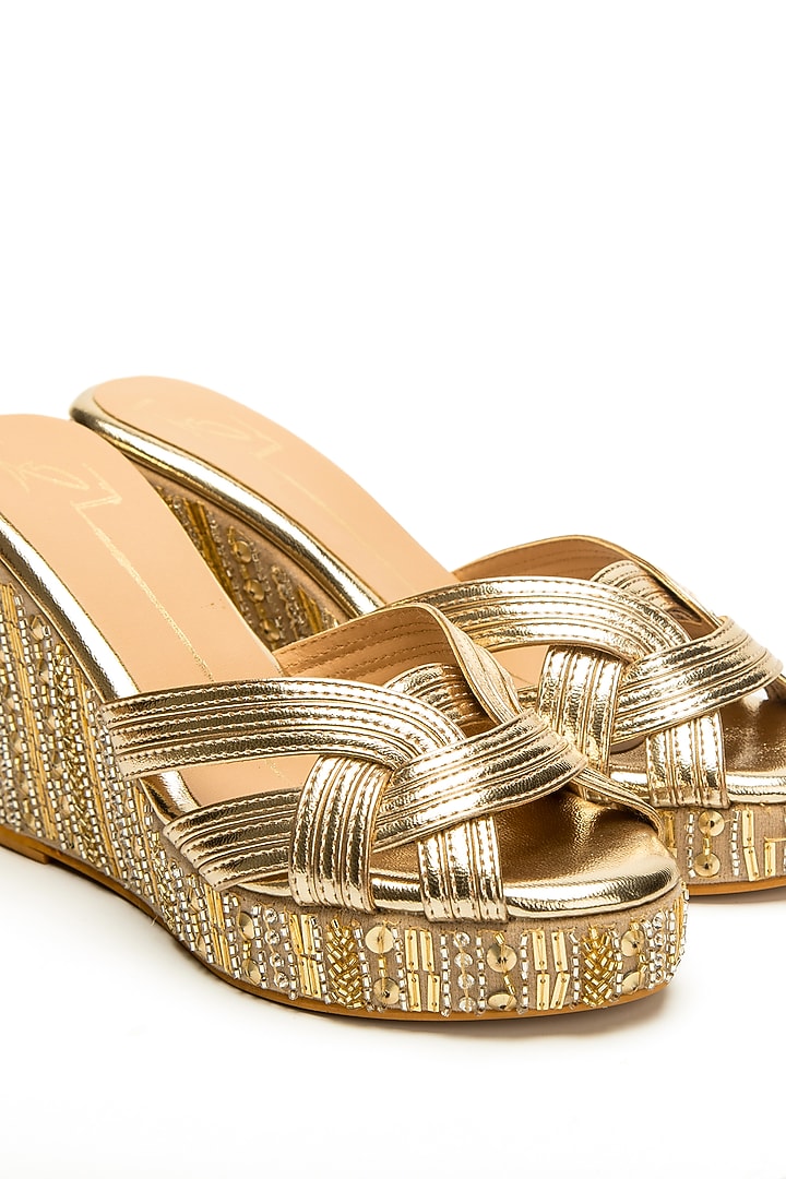 Metallic Gold Embroidered Wedges by NIDHI BHANDARI at Pernia's Pop Up Shop