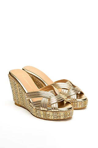 Metallic Gold Embroidered Wedges by NIDHI BHANDARI