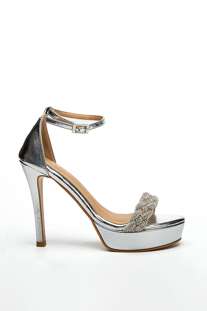 Silver Heels In Faux Leather by NIDHI BHANDARI at Pernia's Pop Up Shop