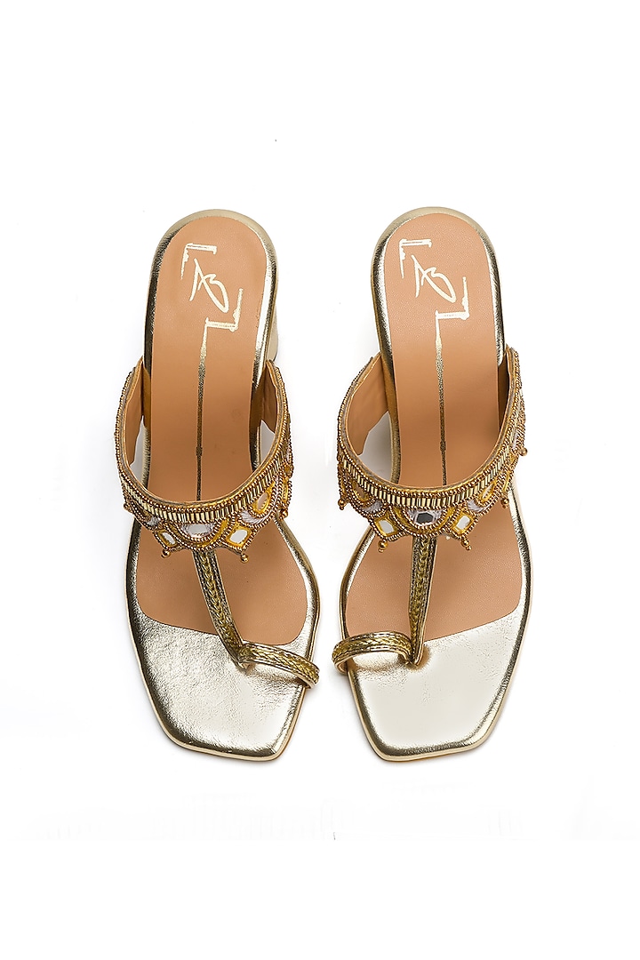 Gold Faux Leather Embroidered Block Heels by NIDHI BHANDARI at Pernia's Pop Up Shop