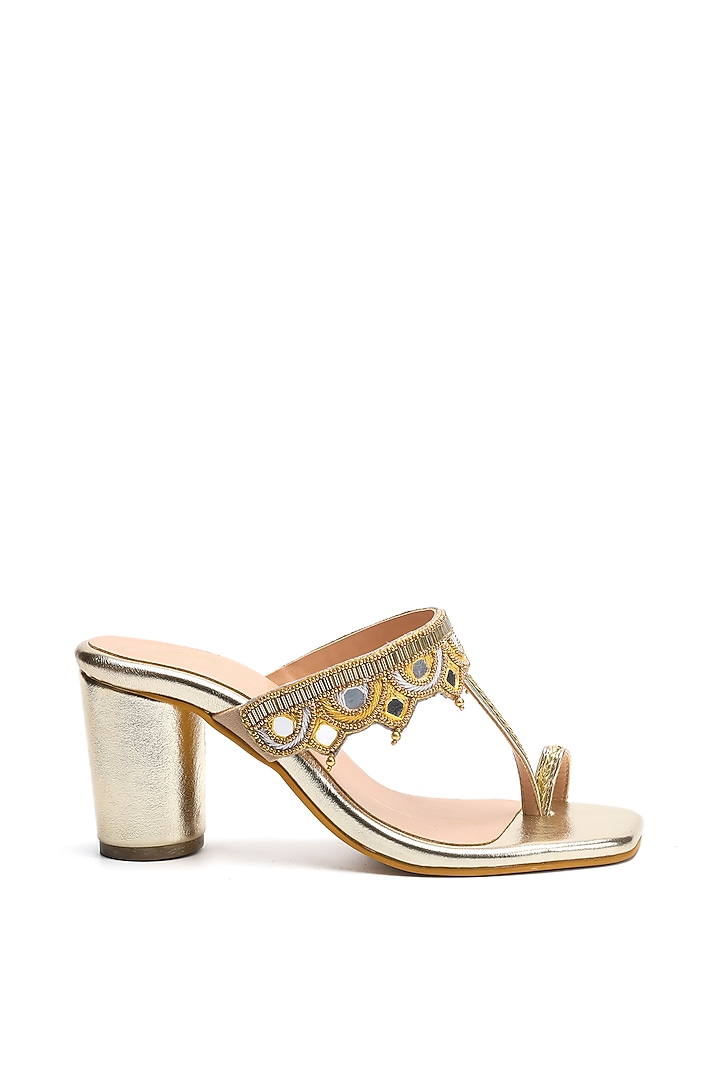Gold Faux Leather Embroidered Block Heels by NIDHI BHANDARI at Pernia's Pop Up Shop