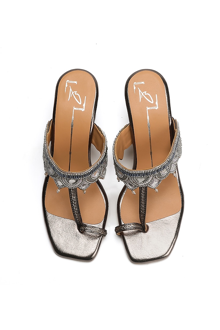 Gunmetal Faux Leather Embroidered Block Heels by NIDHI BHANDARI at Pernia's Pop Up Shop