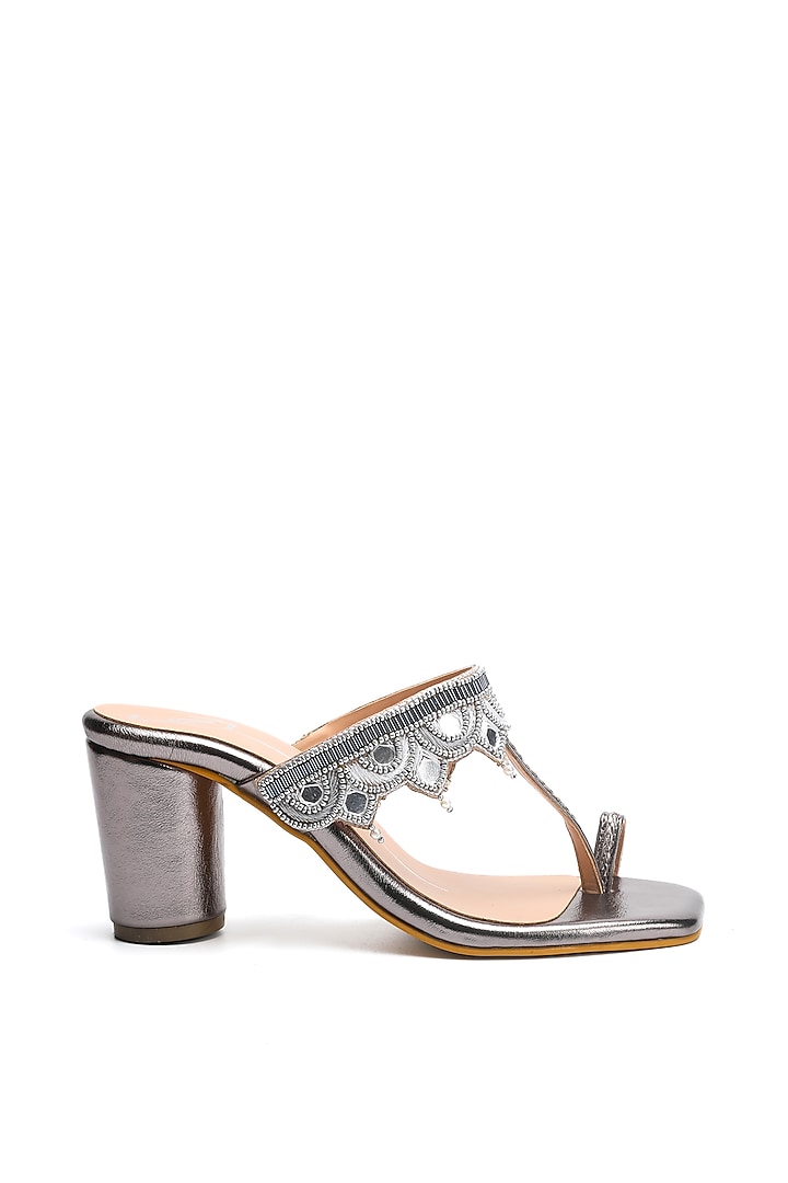 Gunmetal Faux Leather Embroidered Block Heels by NIDHI BHANDARI at Pernia's Pop Up Shop