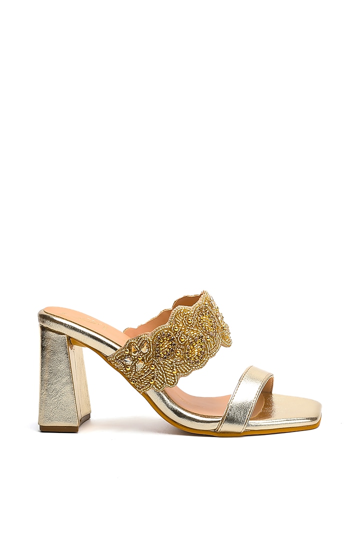Gold Faux Leather Embroidered Block Heels by NIDHI BHANDARI at Pernia's Pop Up Shop