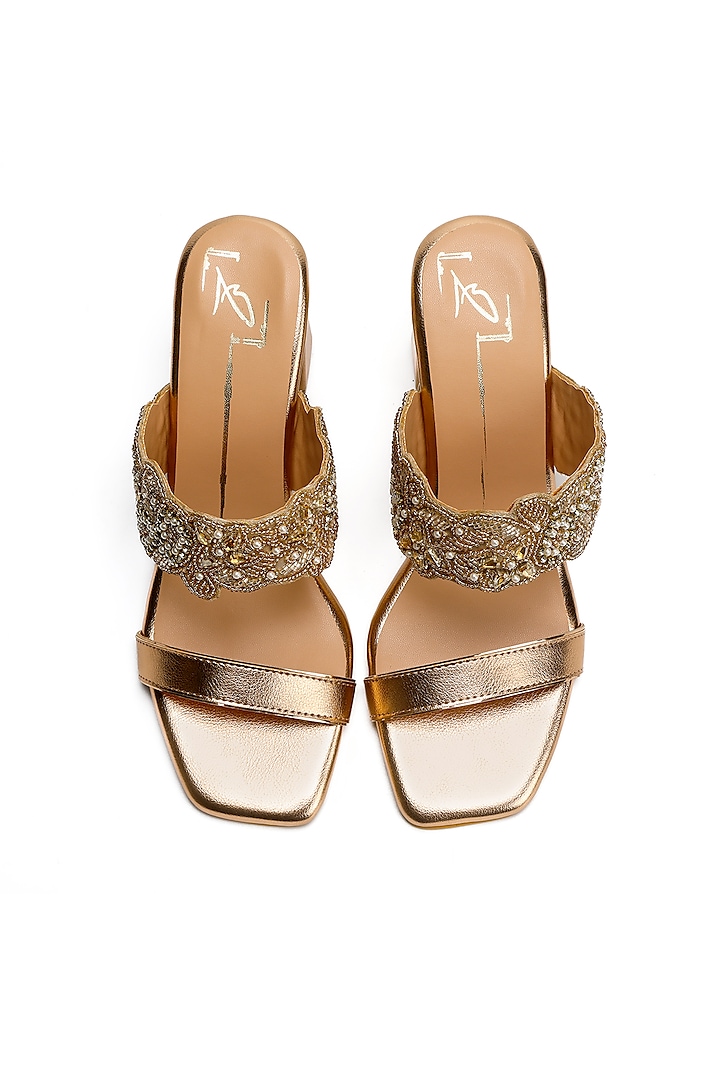 Rose Gold Faux Leather Embroidered Block Heels by NIDHI BHANDARI at Pernia's Pop Up Shop