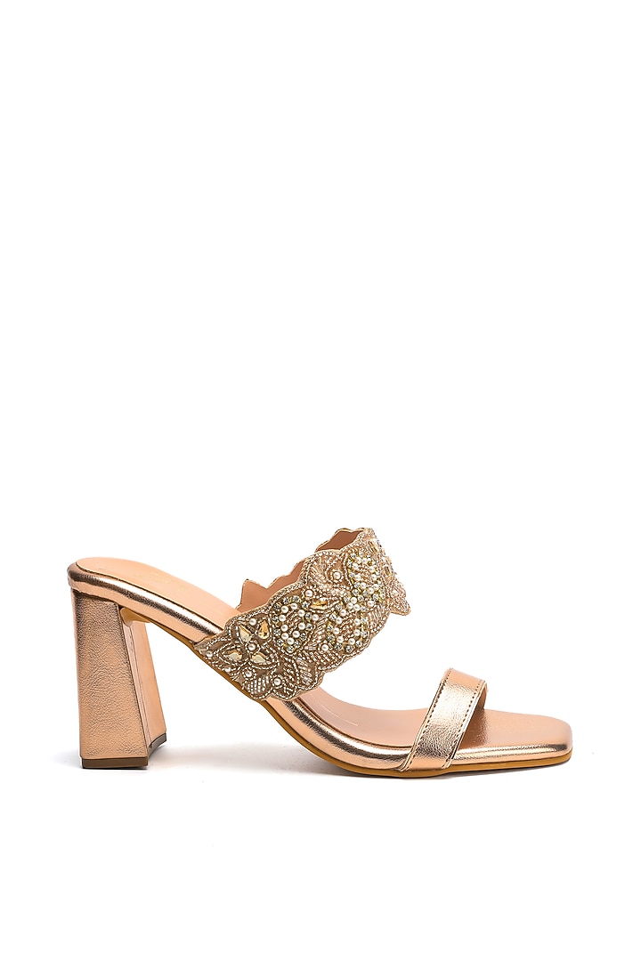 Rose Gold Faux Leather Embroidered Block Heels by NIDHI BHANDARI at Pernia's Pop Up Shop