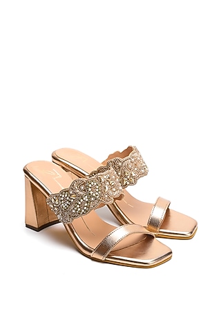 Rose Gold Faux Leather Embroidered Block Heels by NIDHI BHANDARI