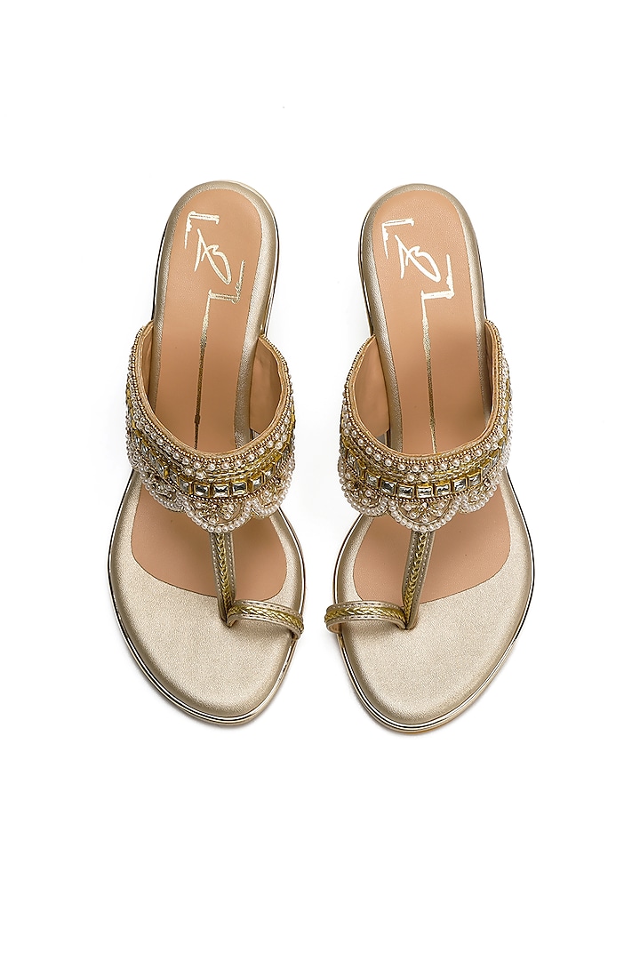 Gold Faux Leather Embroidered Block Heels by NIDHI BHANDARI at Pernia's Pop Up Shop