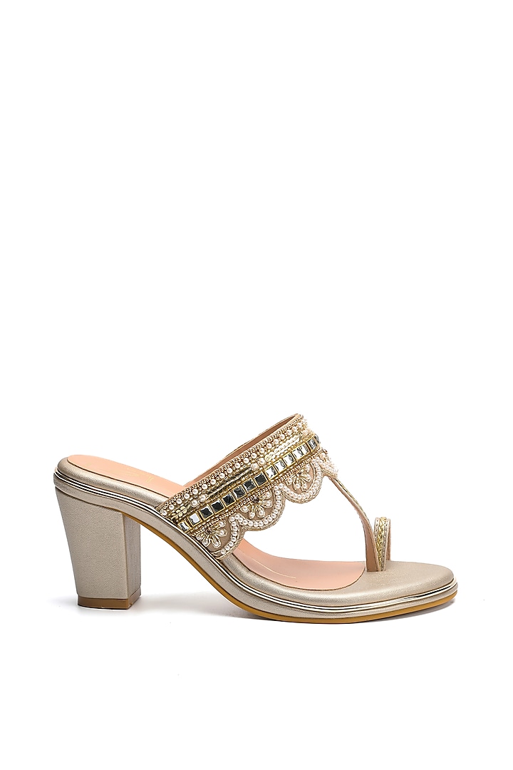 Gold Faux Leather Embroidered Block Heels by NIDHI BHANDARI at Pernia's Pop Up Shop