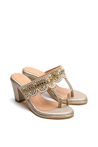 Gold Faux Leather Embroidered Block Heels by NIDHI BHANDARI