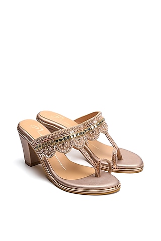 Rose Gold Faux Leather Embroidered Block Heels by NIDHI BHANDARI