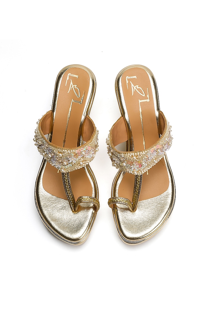 Gold Faux Leather Embroidered Wedges by NIDHI BHANDARI at Pernia's Pop Up Shop