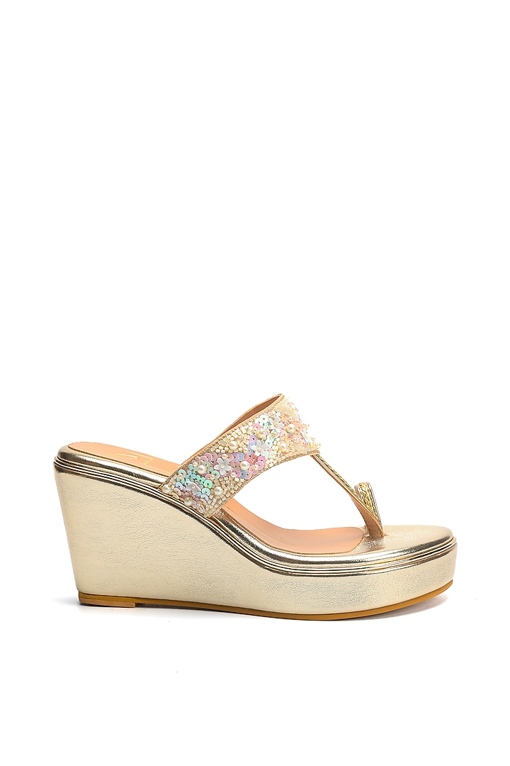 Gold Faux Leather Embroidered Wedges by NIDHI BHANDARI at Pernia's Pop Up Shop