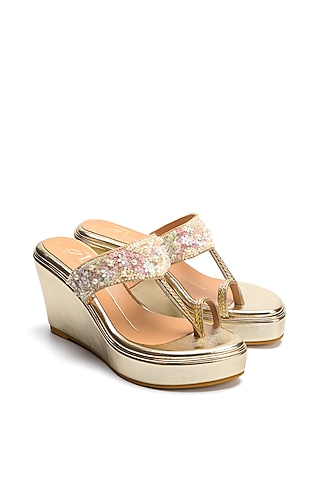 Gold Faux Leather Embroidered Wedges by NIDHI BHANDARI