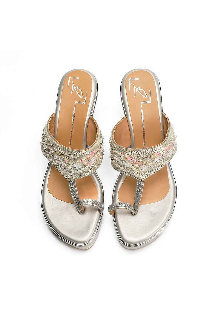 Silver Faux Leather Embroidered Wedges by NIDHI BHANDARI at Pernia's Pop Up Shop