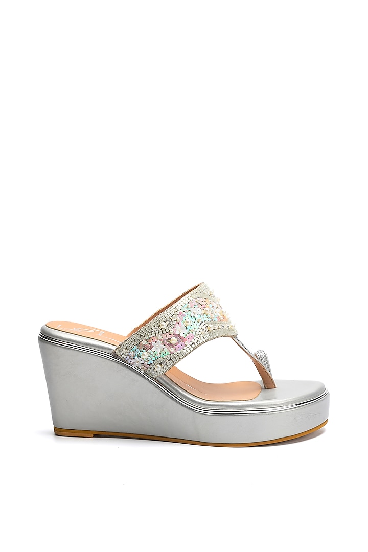 Silver Faux Leather Embroidered Wedges by NIDHI BHANDARI at Pernia's Pop Up Shop