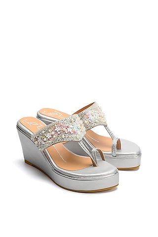 Silver Faux Leather Embroidered Wedges by NIDHI BHANDARI