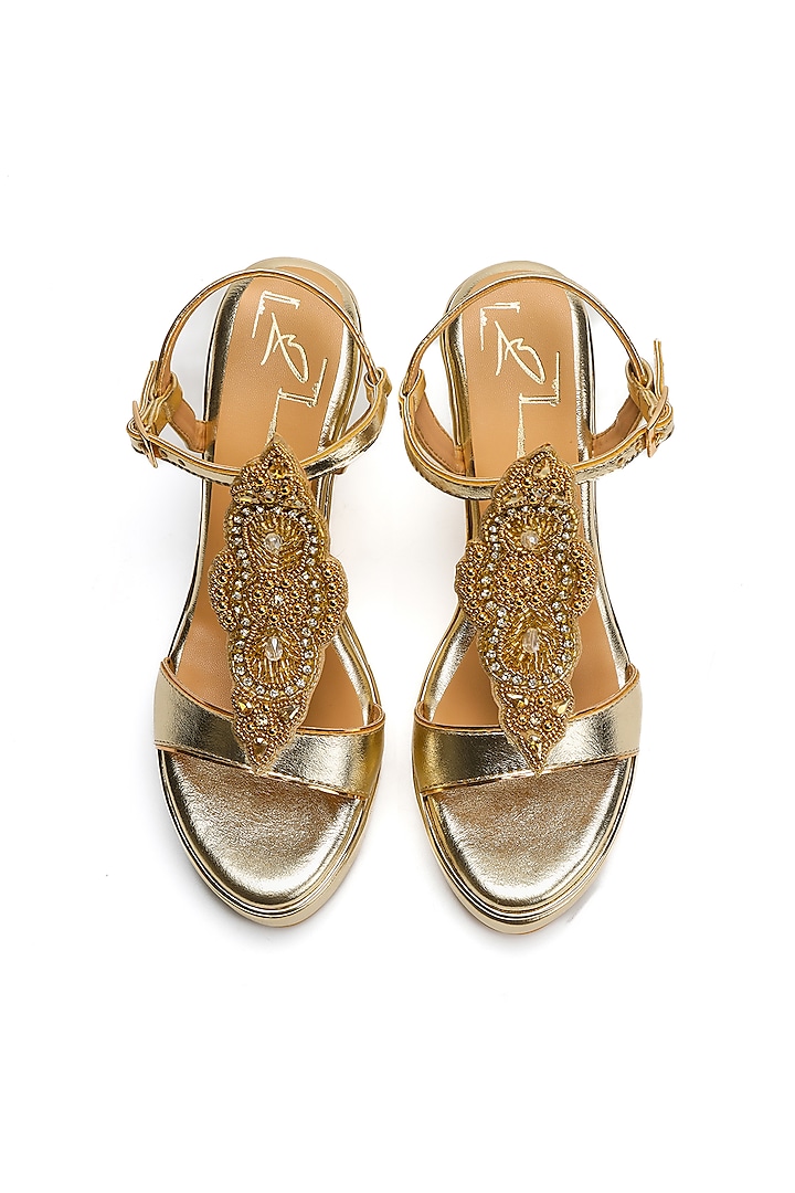 Gold Faux Leather Embroidered Wedges by NIDHI BHANDARI at Pernia's Pop Up Shop